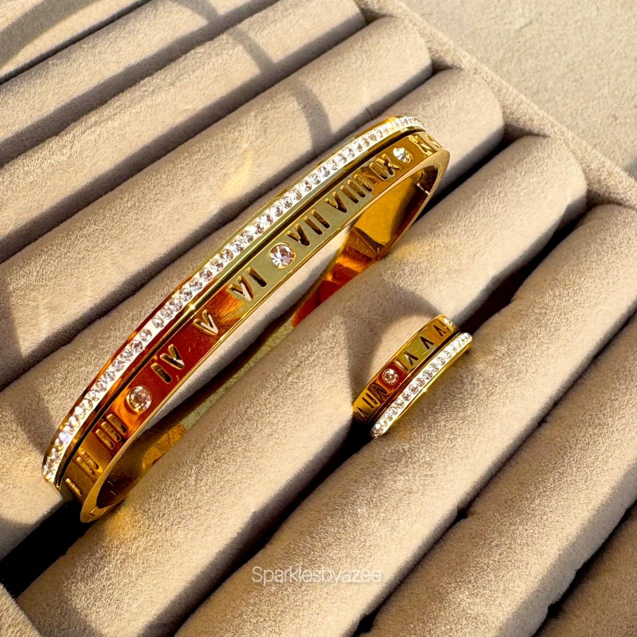 Set of Roman Numeral Bracelet - Roman Numeral Ring (18K Gold Plated)